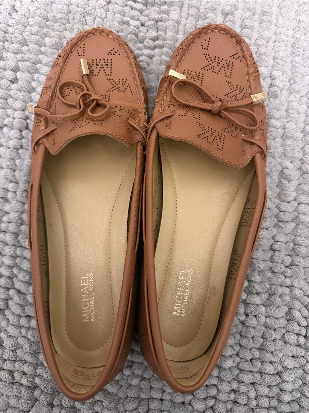 Michael Kors Tan Brown Perforated Leather Bow Moccasin Flats